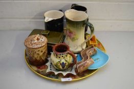 TRAY VARIOUS MIXED CERAMICS TO INCLUDE WADE PUB JUGS, TORQUAY WARE PUZZLE JUG AND OTHER ITEMS