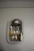 MIXED LOT CRESTED COLLECTORS SPOONS TO INCLUDE SOME WHITE METAL AND HALLMARKED, PLUS DECANTER