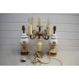 PAIR OF MODERN CERAMIC FLORAL DECORATED TABLE LAMPS TOGETHER WITH A BRASS MOUNTED FIVE LIGHT