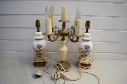 PAIR OF MODERN CERAMIC FLORAL DECORATED TABLE LAMPS TOGETHER WITH A BRASS MOUNTED FIVE LIGHT