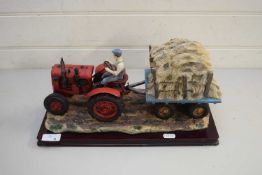 MODERN RESIN ORNAMENT OF A VINTAGE TRACTOR AND TRAILER