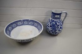 BLUE AND WHITE WASH BOWL AND JUG