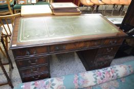 REPRODUCTION MAHOGANY TWIN PEDESTAL DESK WITH GREEN LEATHER INSET TOP, 136CM WIDE