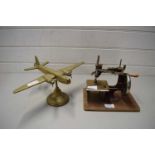 BRASS MODEL OF AN AEROPLANE AND A CHILD'S SEWING MACHINE (2)