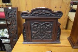 SMALL MAHOGANY CARVED WALL CABINET WITH SINGLE DOOR, 37CM HIGH