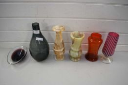 MIXED LOT POLISHED ALABASTER VASES, VARIOUS GLASS VASES, BOWL ETC