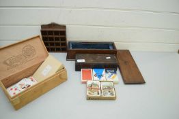 BOX OF VARIOUS PLAYING CARDS, PLUS FURTHER SMALL WOODEN BOXES