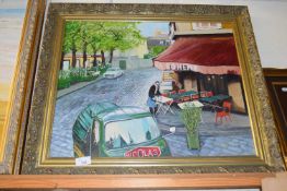 CONTEMPORARY SCHOOL STUDY OF A FRENCH STREET SCENE WITH CAFE, OIL ON CANVAS, GILT FRAMED, 66CM WIDE