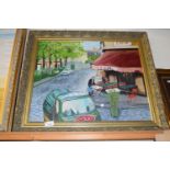 CONTEMPORARY SCHOOL STUDY OF A FRENCH STREET SCENE WITH CAFE, OIL ON CANVAS, GILT FRAMED, 66CM WIDE