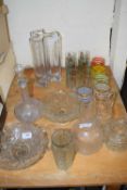 MIXED LOT OF GLASSWARES, TAZZAS, DECANTERS, ETC