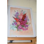 CONTEMPORARY SCHOOL STUDY OF A SPRAY OF FLOWERS, OIL ON BOARD, SET IN A WHITE FRAME