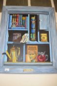 A R BEASLEY, STUDY 'BRIC-A-BRAC', OIL ON BOARD, SET IN A PAINTED FRAME, 70CM HIGH