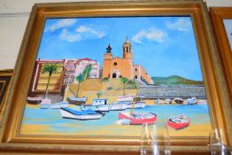 CONTEMPORARY SCHOOL STUDY OF A MEDITERRANEAN PORT, OIL ON CANVAS, GILT FRAMED, 70CM WIDE