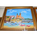 CONTEMPORARY SCHOOL STUDY OF A MEDITERRANEAN PORT, OIL ON CANVAS, GILT FRAMED, 70CM WIDE