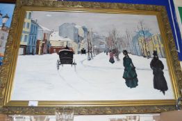 MODERN SCHOOL, STUDY OF A VICTORIAN STREET SCENE IN WINTER WITH CARRIAGES, OIL ON CANVAS, GILT