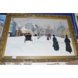 MODERN SCHOOL, STUDY OF A VICTORIAN STREET SCENE IN WINTER WITH CARRIAGES, OIL ON CANVAS, GILT