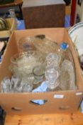 BOX OF MIXED GLASS DISHES, DECANTERS, ETC