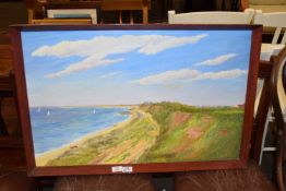 BENACRE POINT FROM KESSINGLAND CLIFFS, SUFFOLK, OIL ON BOARD, FRAMED