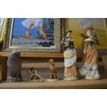 MIXED LOT, PAIR OF RESIN FIGURES OF FASHIONABLE LADIES, A SMALL GOEBEL FIGURINE, A BORDER FINE