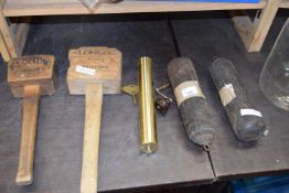 MIXED LOT COMPRISING TWO LEAD CLOCK WEIGHTS PLUS ONE OTHER AND A PAIR OF WOODEN MALLETS, TWO CLOCK