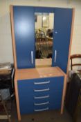 MODERN LIGHT WOOD AND BLUE FINISH TRIPLE DOOR WARDROBE AND MATCHING FIVE DRAWER CHEST