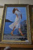 BEASLEY, PAIR OF STUDIES OF YOUNG LADIES BY THE SEA, OIL ON CANVAS, GILT FRAMED, 63CM HIGH