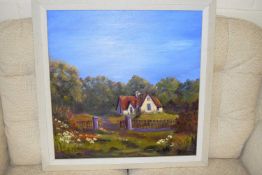 ISHBEL M STRACHAN, 'THE GINGERBREAD HOUSE', OIL ON CANVAS, IN CREAM FINISH FRAME, 72CM WIDE