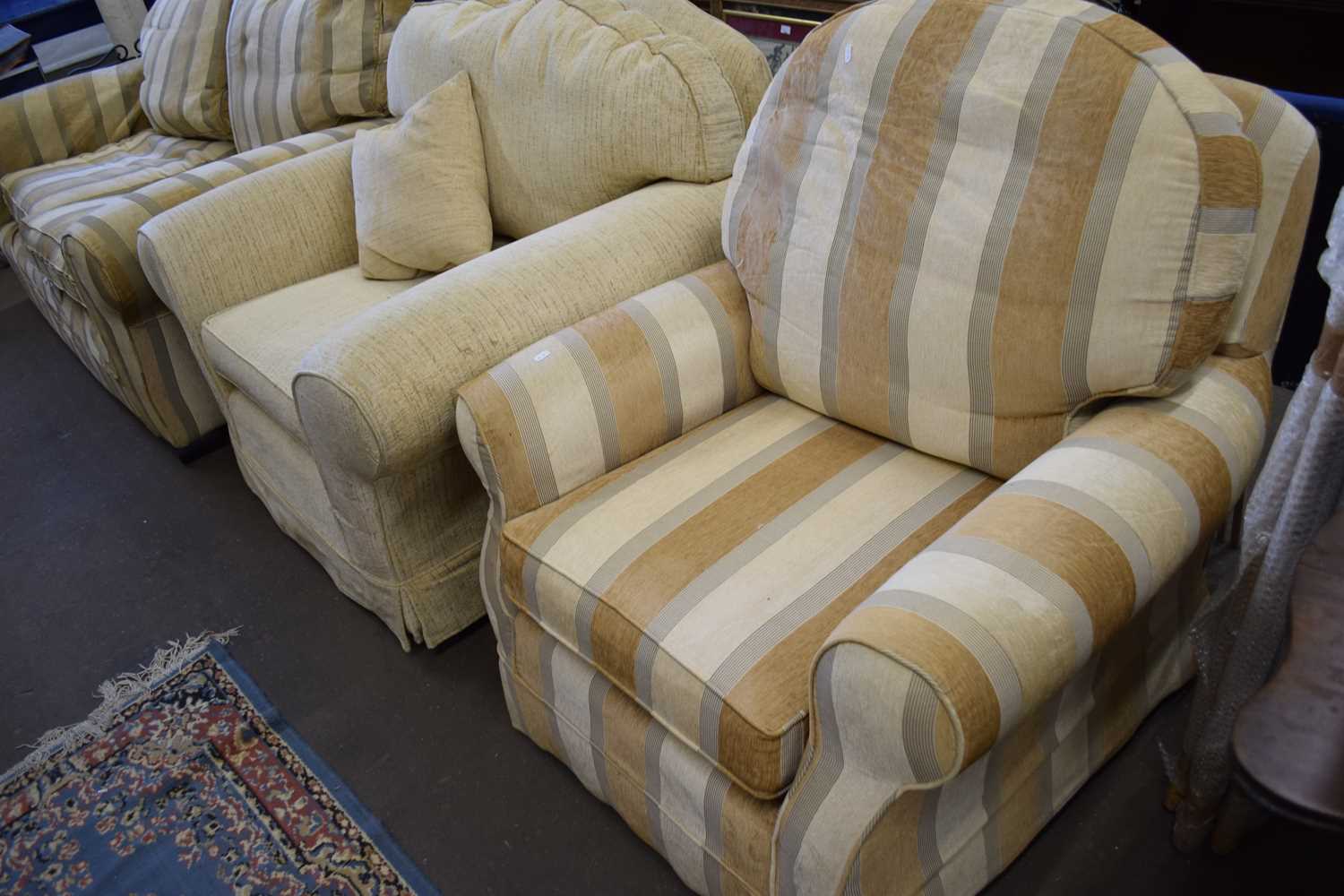 TWO-SEATER SOFA TOGETHER WITH A MATCHING ARMCHAIR AND A FURTHER PALE UPHOLSTERED ARMCHAIR (3) - Image 2 of 2