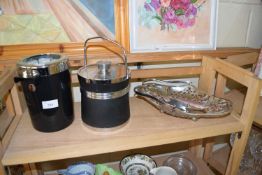 MIXED LOT, A CHROME TABLE BASKET TOGETHER WITH SMALL ICE BUCKET AND A BOTTLE COOLER (3)