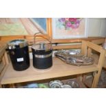 MIXED LOT, A CHROME TABLE BASKET TOGETHER WITH SMALL ICE BUCKET AND A BOTTLE COOLER (3)