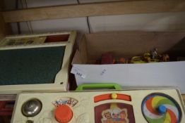 BOX OF VARIOUS DINKY AND OTHER TOYS PLUS A FISHER PRICE ACTIVITY CENTRE AND A FISHER PRICE