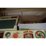 BOX OF VARIOUS DINKY AND OTHER TOYS PLUS A FISHER PRICE ACTIVITY CENTRE AND A FISHER PRICE