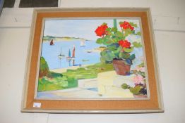 A R BEASLEY, STUDY OF A COASTAL SCENE WITH GERANIUMS IN FOREGROUND, OIL ON BOARD, FRAMED, 69CM WIDE