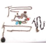 Mixed Lot: silver watch chain, trombone and link design, suspending a silver framed swivel fob, a