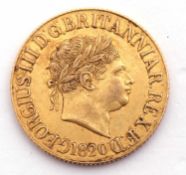 1820 George III gold sovereign, laureate head with St George & Dragon reverse