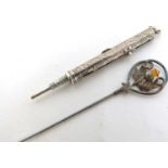 Mixed Lot: silver and citrine hat pin, the open work finial set with a Scottish thistle