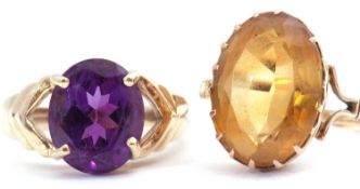 Mixed Lot: 9ct gold purple stone dress ring, size L, together with a citrine set dress ring,