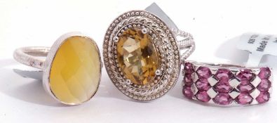 Mixed Lot: honey quartz and white topaz dress ring, a rhodite garnet cluster ring, a yellow