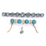 Mixed Lot: turquoise and seed pearl brooch, the design featuring four turquoise and pearl