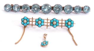 Mixed Lot: turquoise and seed pearl brooch, the design featuring four turquoise and pearl