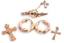 Mixed Lot: pair of 375 stamped hoop earrings, two 9ct marked cross pendants, together with a 9ct