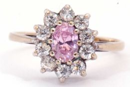 9ct gold cubic zirconia and pink stone cluster ring, size L