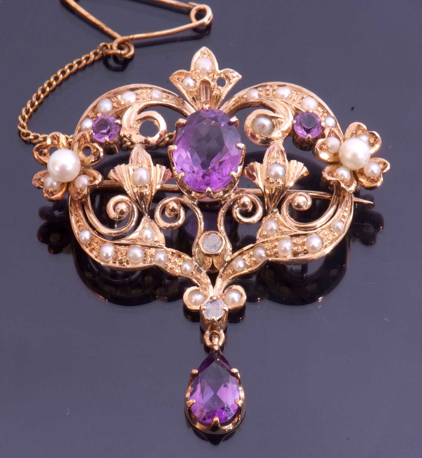 Amethyst, pearl and diamond open work brooch/pendant centring an oval faceted amethyst raised in - Image 2 of 4