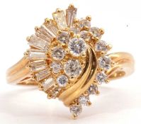18ct gold and diamond cluster ring, a swirl design featuring 10 graduated baguette diamonds and 16