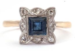 Art Deco sapphire and diamond cluster ring, the square step cut sapphire, 4 x 4mm, set within a