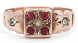 Antique 9ct gold ruby and seed pearl ring, centring a small seed pearl surrounded by four small