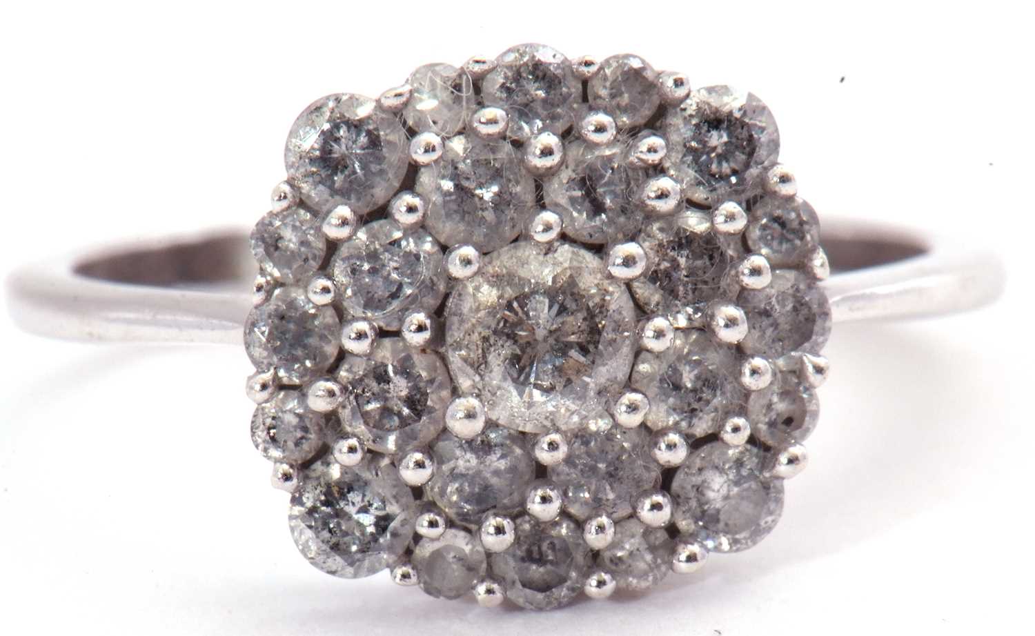 Modern small diamond cluster ring, the panel set with three tiers of small mixed cut diamonds, the - Image 2 of 7