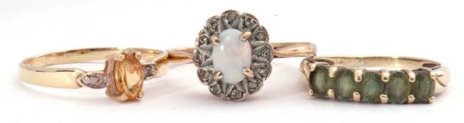 Mixed Lot: 9ct gold opalescent and small diamond cluster ring, a yellow metal citrine and small