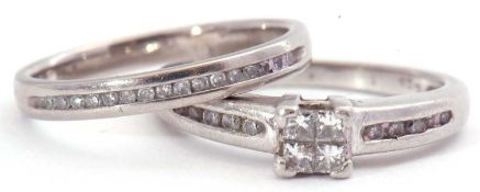 Mixed Lot: platinum and diamond ring centring four small Princess cut diamonds, raised between