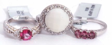 Mixed Lot: mystic pink topaz and white topaz ring, a pink tourmaline and diamond ring, a white agate